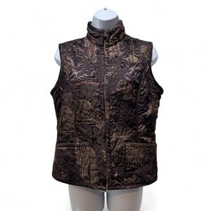 Chico’s Jacquard Quilted Vest Brown Metallic Pattern Zip Front Size 0 XS